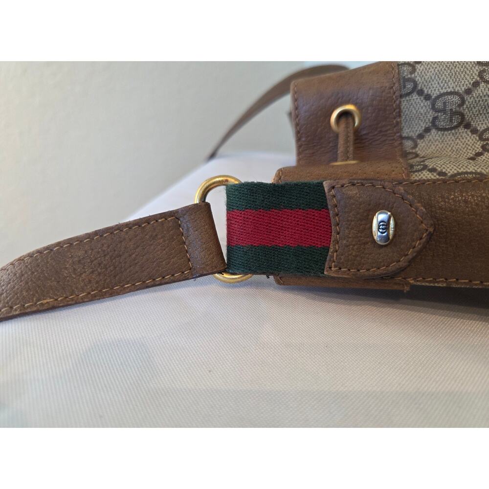 Gucci GG Supreme Monogram Bucket Bag Brown Leather Drawstring Vintage Web Stripe - Picture 5 of 15